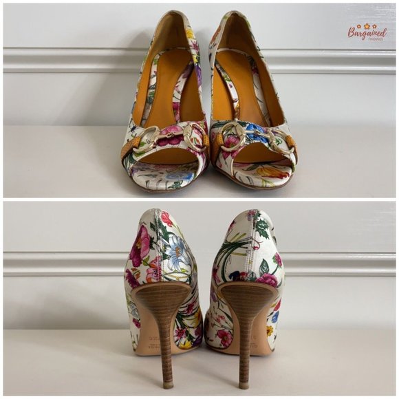 Authentic GUCCI Botanical Floral Satin & Karung Horsebit Peep Toe Pumps Size 7.5 - Picture 5 of 14